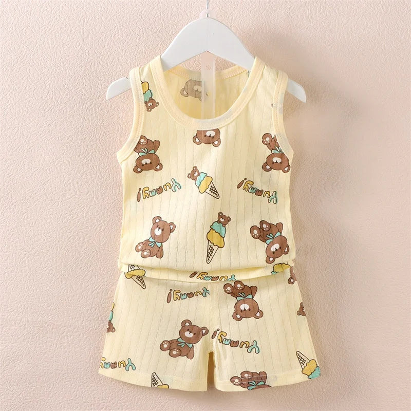 Pijamas de verano para niños, chaleco + Pantalones cortos, conjunto de ropa de 2 piezas, ropa informal de algodón con dibujos de León y jirafa para niños y niñas de 0 a 4 años