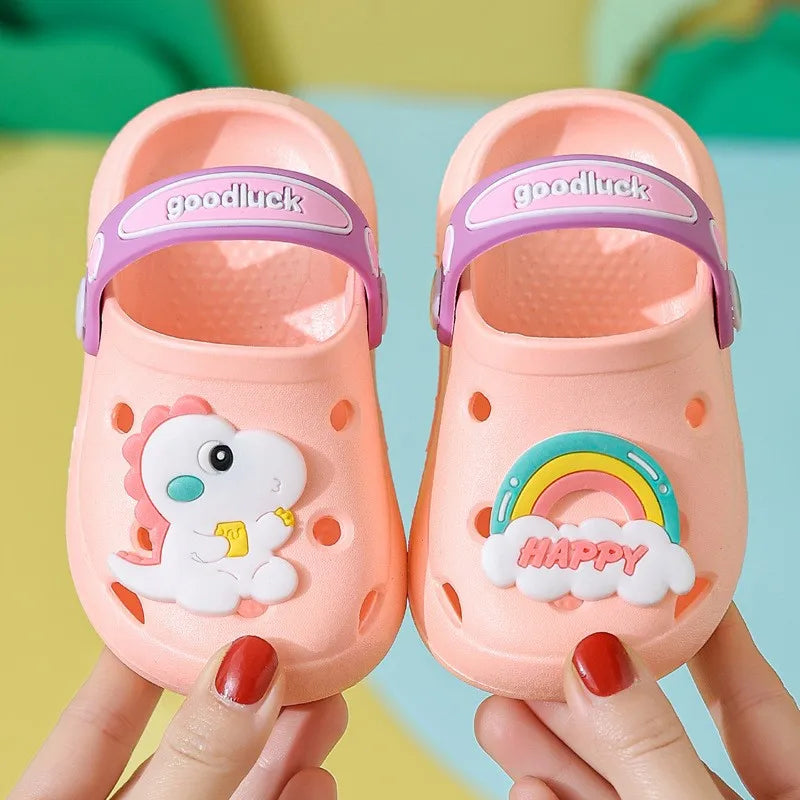 Zapatillas de baño para chico, sandalias de dinosaurio de dibujos animados, sandalias de verano para niño y niña, zapatillas antideslizantes de plástico suave para jardín