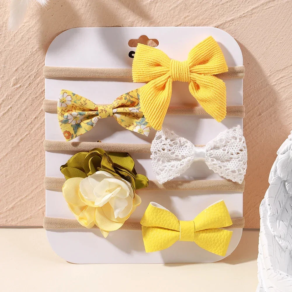 5 unids/lote, diadema elástica de nailon para bebé, banda para la cabeza con lazo de encaje y flores para recién nacido, accesorios suaves para el cabello para niña pequeña