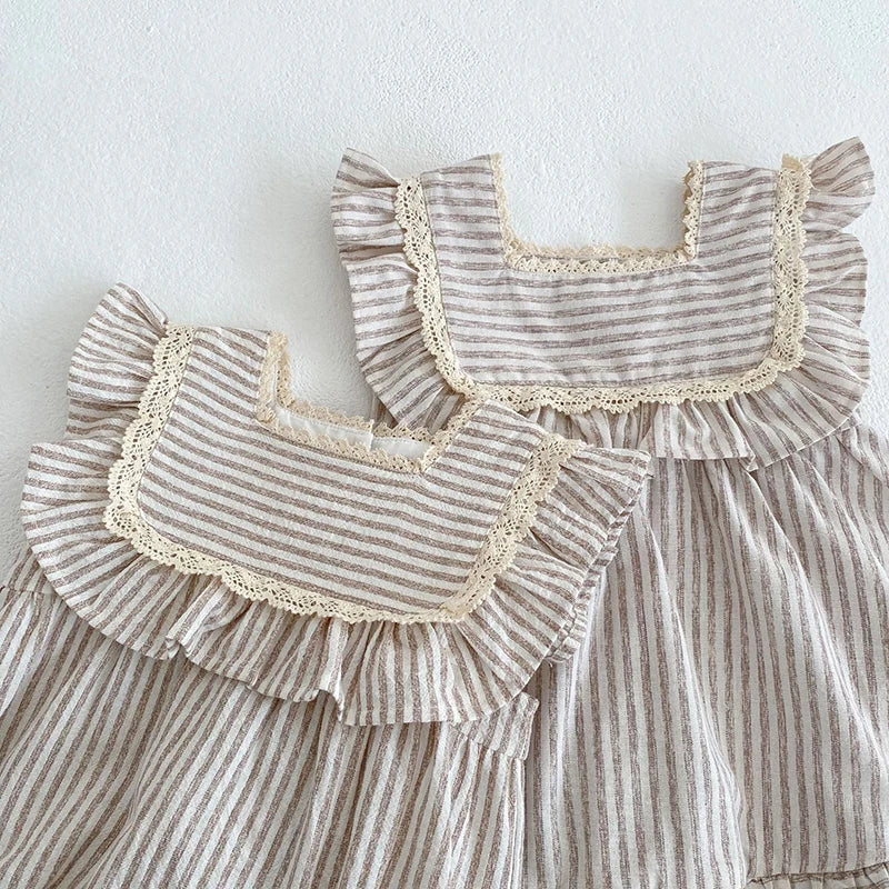 Ropa de moda para niñas de 0 a 6 años, vestido de encaje a rayas, novedad de verano, pelele para niñas, traje a juego para hermanas, vestidos de princesa