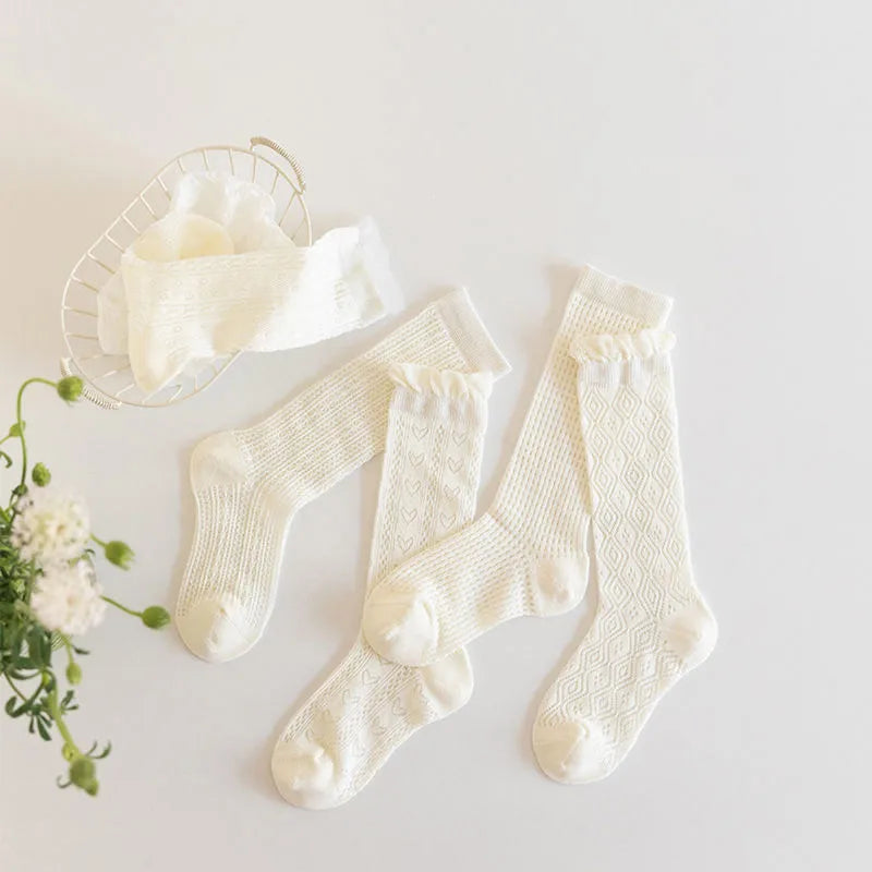 3 pares de medias con volantes de encaje blanco de princesa, calcetines de malla de verano para niñas, calcetines largos finos y transpirables para niños de 3 a 12 años, calcetines hasta la pantorrilla