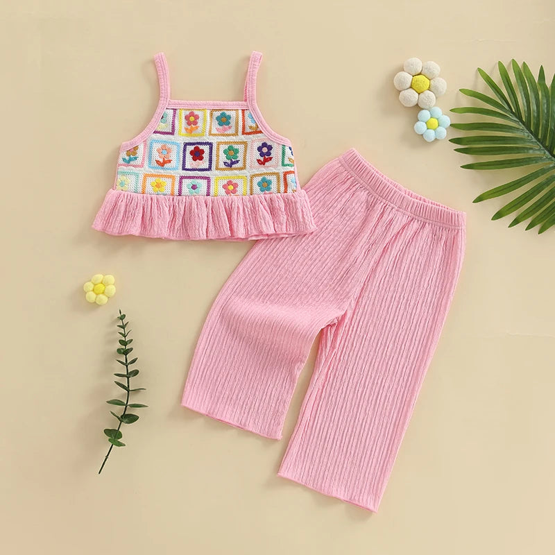 Pudcoco, conjunto de verano para niña pequeña con estampado de flores, tirantes finos con volantes, Tops sin mangas, pantalones de pierna ancha, conjunto de 2 uds 6M-4T