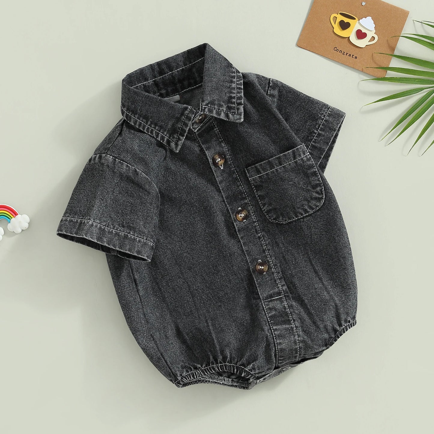 Mono vaquero para recién nacidos, niños y niñas, mono liso de manga corta con cuello vuelto, monos para bebés, monos informales con botones de verano