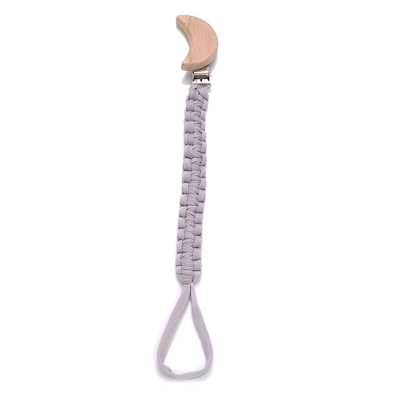 Cadena de chupete de bebé de tela de algodón de ganchillo Simple, Clip de madera de haya con forma de corazón y Luna para bebé hecho a mano, cadena para chupete, juguete para la dentición