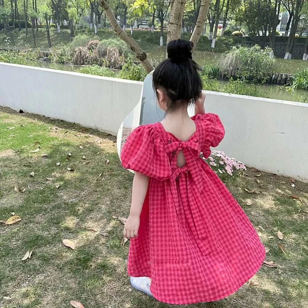 Bear Leader-vestido rosa a cuadros con lazo, elegante vestido Midi de Lolita para niñas grandes, vestidos para niños y adolescentes, vestido veraniego de princesa para fiesta