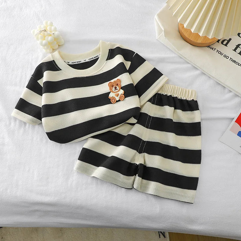 Ropa para niños, traje de manga corta para niños, Top a rayas + Pantalones cortos, camiseta de 2 piezas, ropa de verano para bebés, ropa para niños y niñas