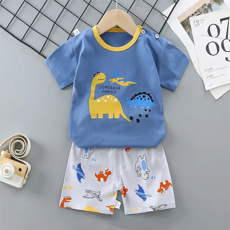Camisetas de algodón + Pantalones cortos, conjunto de chándal de 2 piezas, traje de verano con estampado de dinosaurio y cebra de dibujos animados para niños y niñas, ropa para bebés de 1 a 6 años