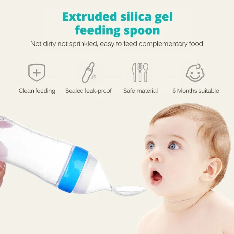 Biberón de silicona útil y seguro con cuchara, suplemento alimenticio, botellas de cereales de arroz, cuchara para apretar, biberón de leche