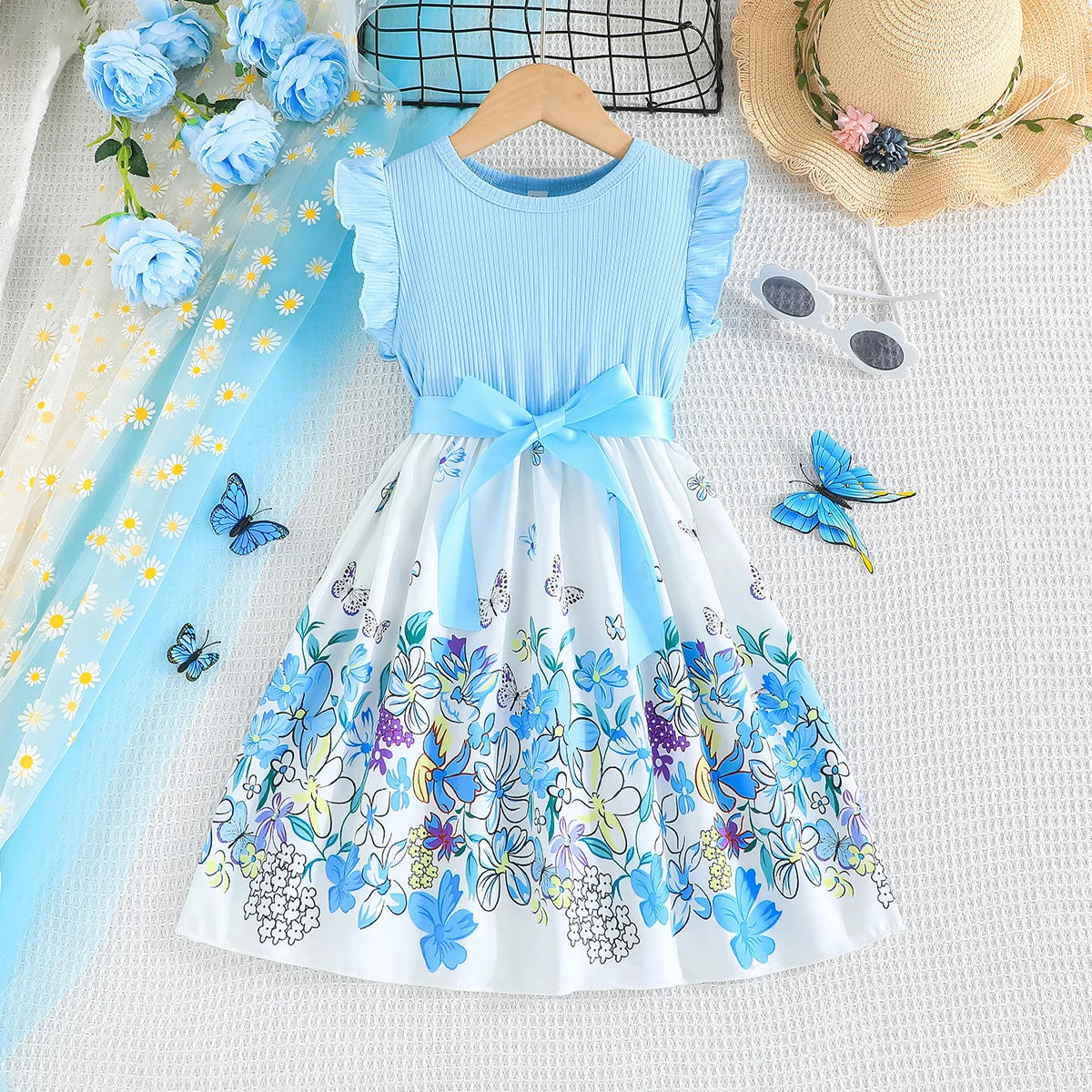 2025 New Summer Korean Style Cute Printed Bow Casual Dress for Girls Birthday Party Baby Girl Clothes 2-10 Years