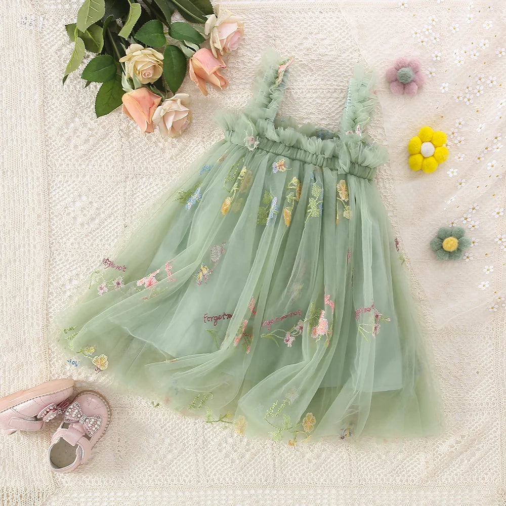 Lindo vestido de tirantes de malla para niñas pequeñas, vestido de princesa tutú de tul esponjoso, ropa informal de verano con bordado de flores para niñas pequeñas