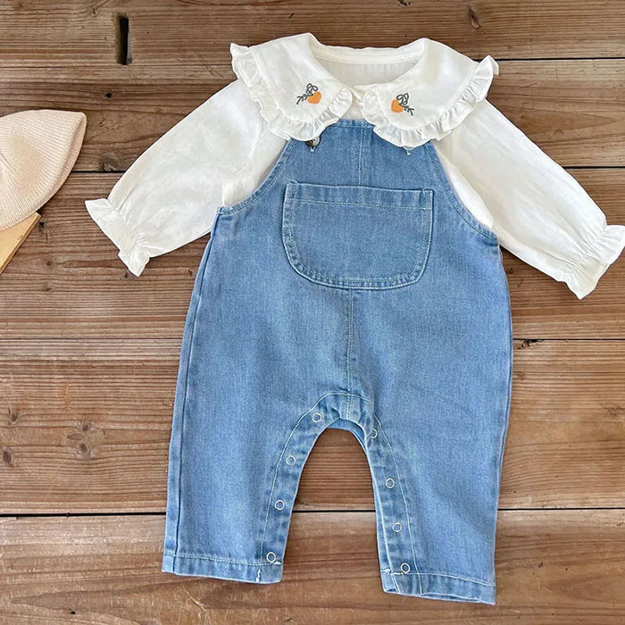 Traje de ropa para niños, conjunto de ropa para niñas pequeñas, camisa bordada de manga larga + mono vaquero, traje de ropa de otoño y primavera