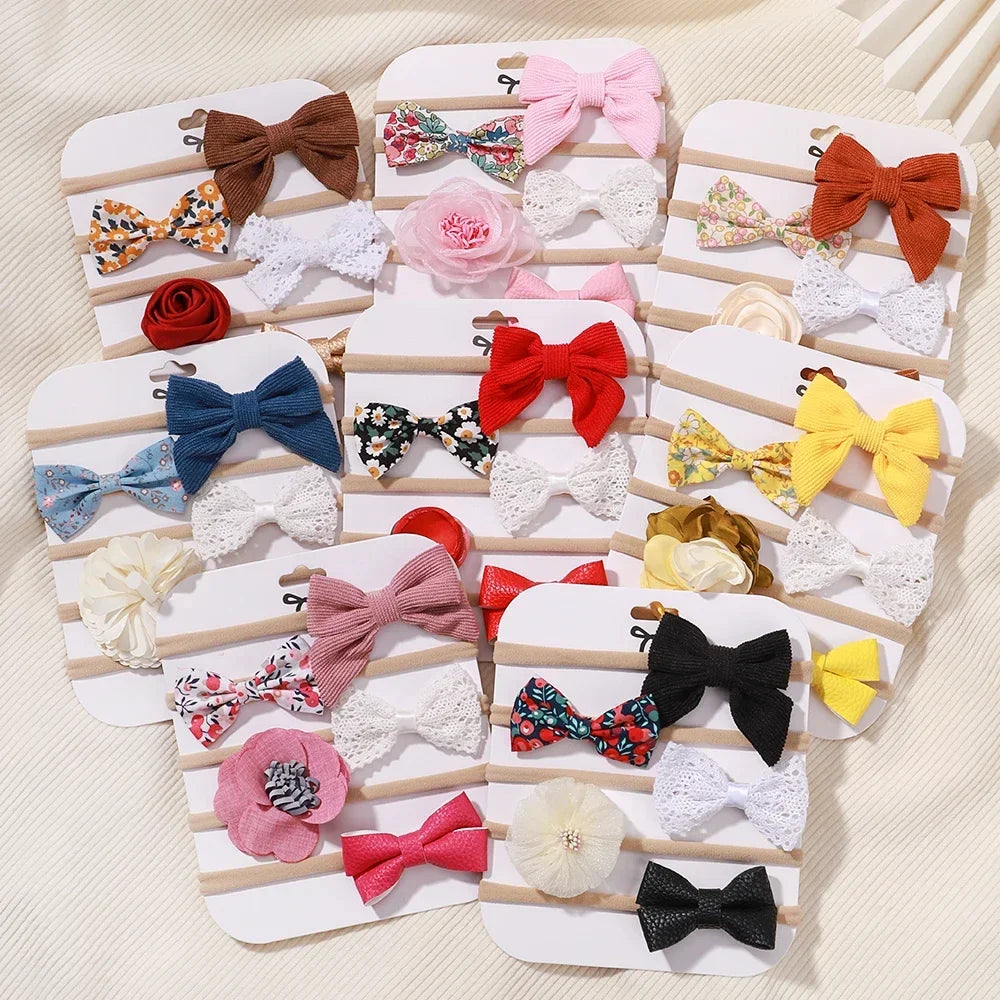 5 unids/lote, diadema elástica de nailon para bebé, banda para la cabeza con lazo de encaje y flores para recién nacido, accesorios suaves para el cabello para niña pequeña