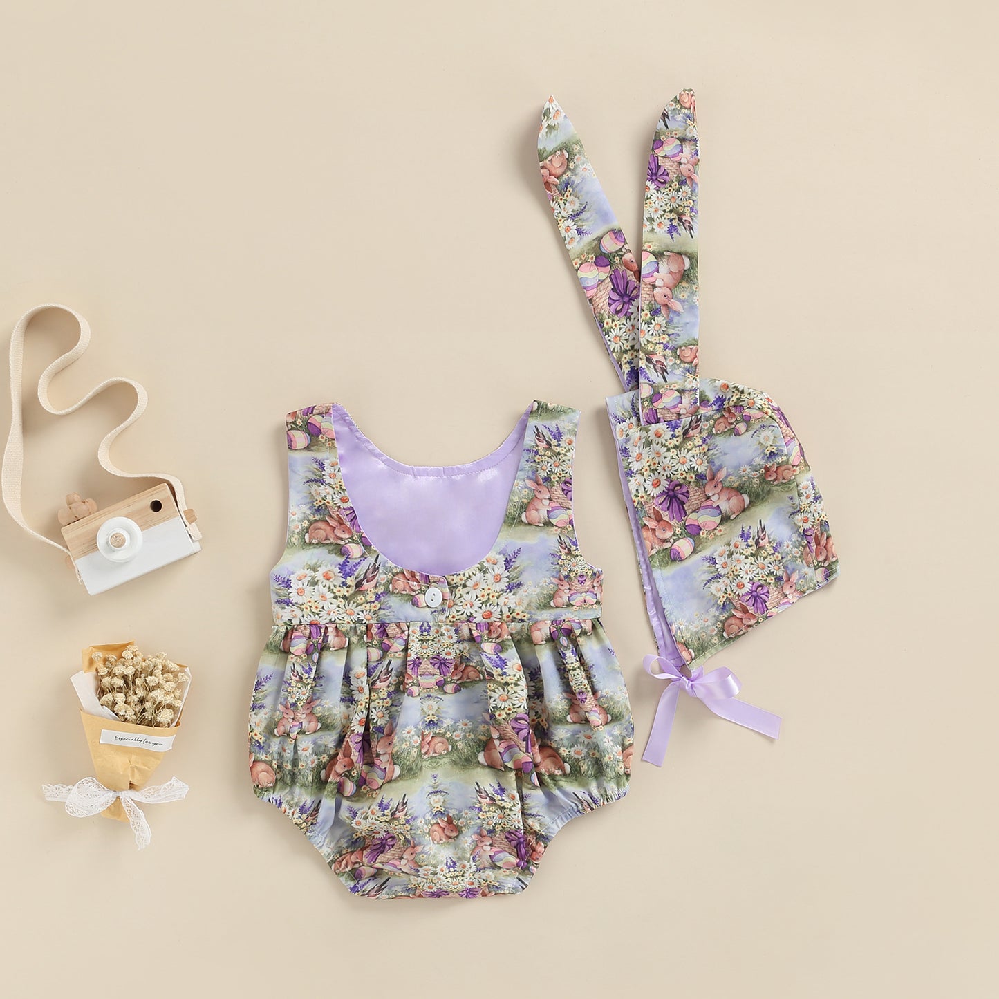Traje de dos piezas para bebé y niña, pelele sin mangas con cuello redondo y espalda descubierta y gorro de corbata, estampado de conejo de Pascua