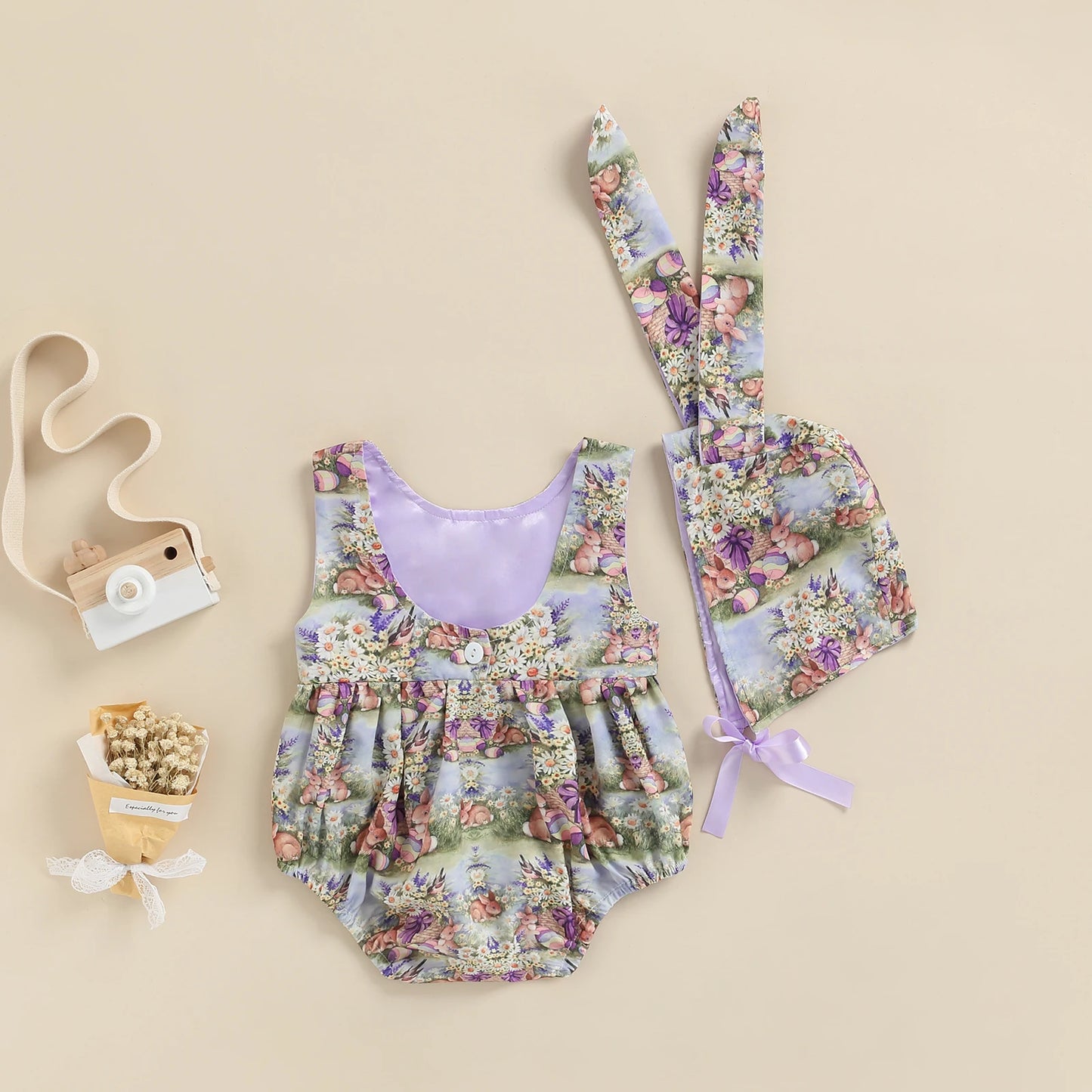 Traje de dos piezas para bebé y niña, pelele sin mangas con cuello redondo y espalda descubierta y gorro de corbata, estampado de conejo de Pascua