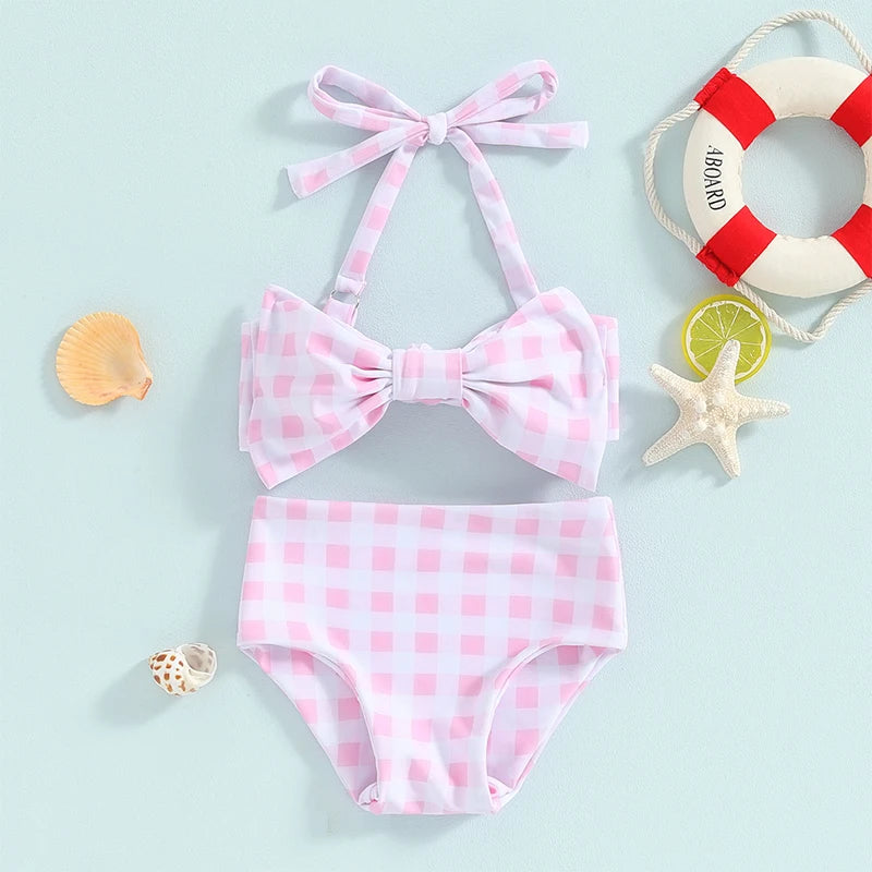 Conjunto de Bikini para niña pequeña, traje de baño de 2 piezas con cuello Halter, Bikini Floral sin mangas, Top anudado, pantalones cortos con estampado de flores a cuadros, 1-6T