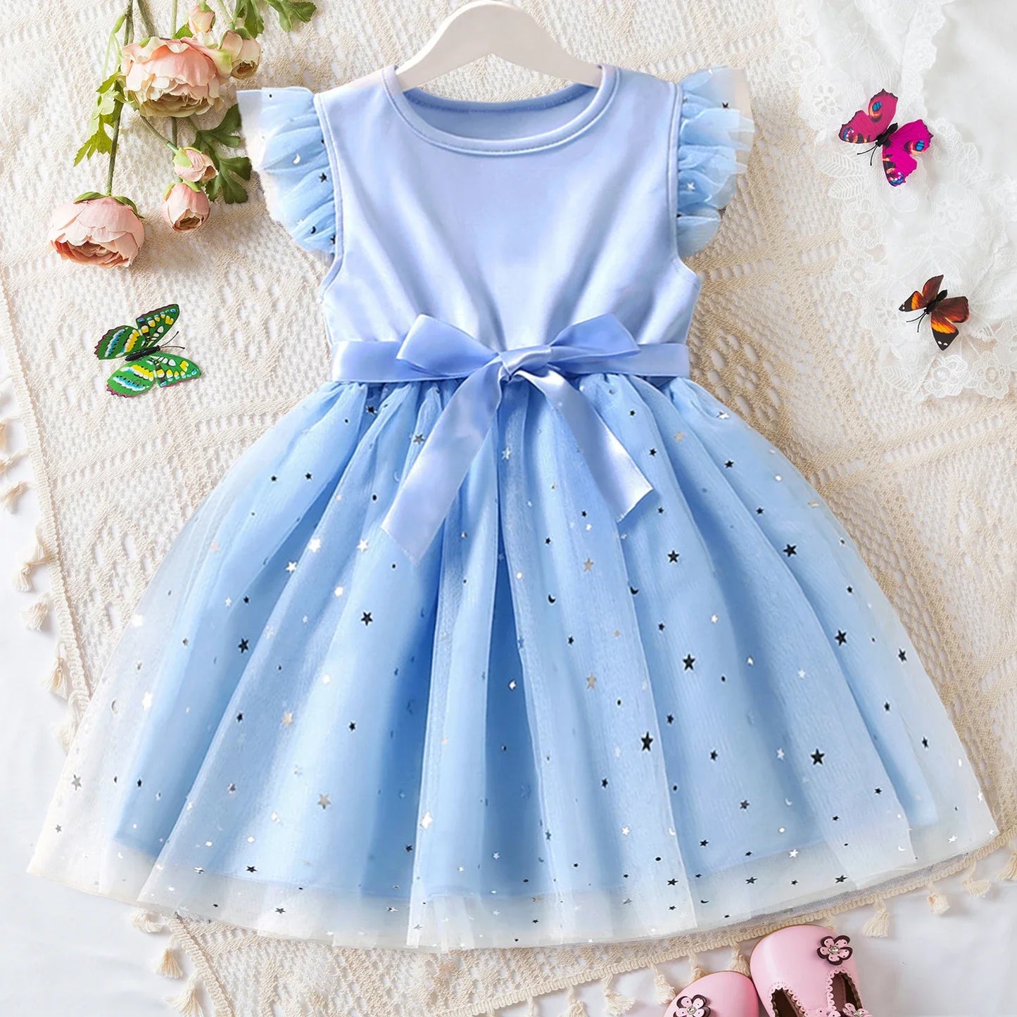 Vestido para niña pequeña, nuevo vestido de verano para niño pequeño, vestidos con tutú de malla para bebé, vestido de fiesta de cumpleaños con lazo de lentejuelas, ropa para niña pequeña