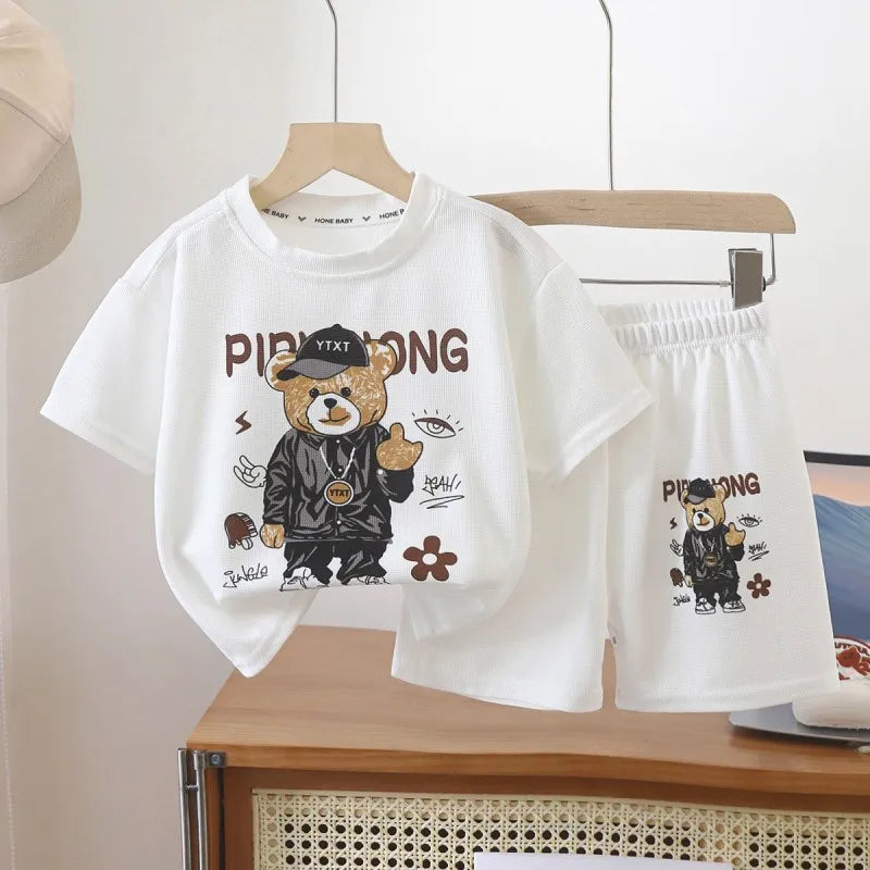 Camiseta y pantalones cortos de estilo coreano para niños de 1 a 12 años, conjuntos de ropa de 2 piezas, traje deportivo informal de verano con Oso de dibujos animados, a la moda