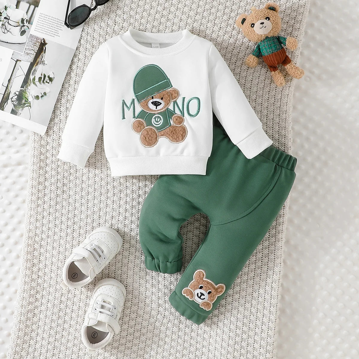 Terno para niño de 3 a 24 meses, camiseta de manga larga con estampado de oso de dibujos animados, pantalones azul marino, conjunto de ropa infantil