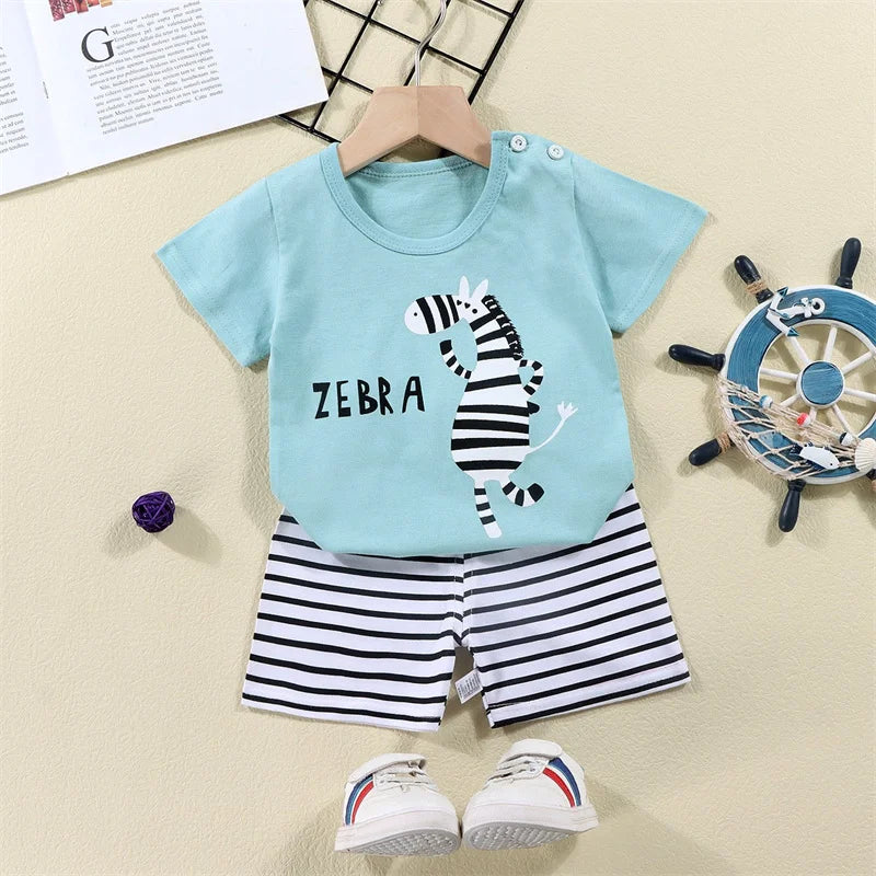 Camisetas de algodón + Pantalones cortos, conjunto de chándal de 2 piezas, traje de verano con estampado de dinosaurio y cebra de dibujos animados para niños y niñas, ropa para bebés de 1 a 6 años