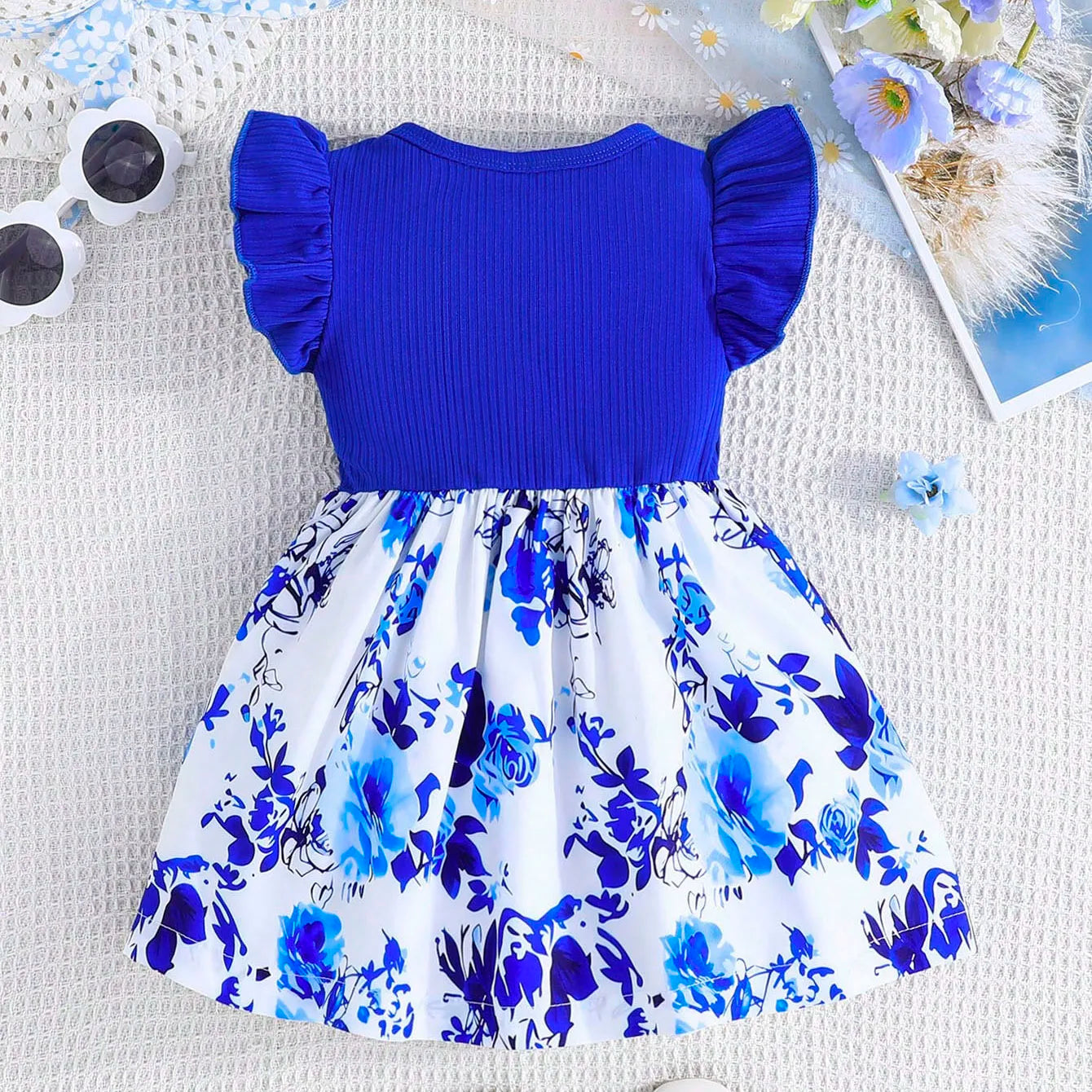 Novedad de verano, vestido para niña pequeña, manga voladora, lazo plisado, cinta, elementos de porcelana azul y blanca, fiesta de cumpleaños de estilo chino