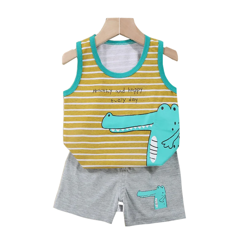 Conjunto de 2 piezas de chaleco y pantalones cortos transpirables de algodón para niños y niñas, chándal de verano con estampado de dibujos animados, ropa informal, traje de 1 a 6 años