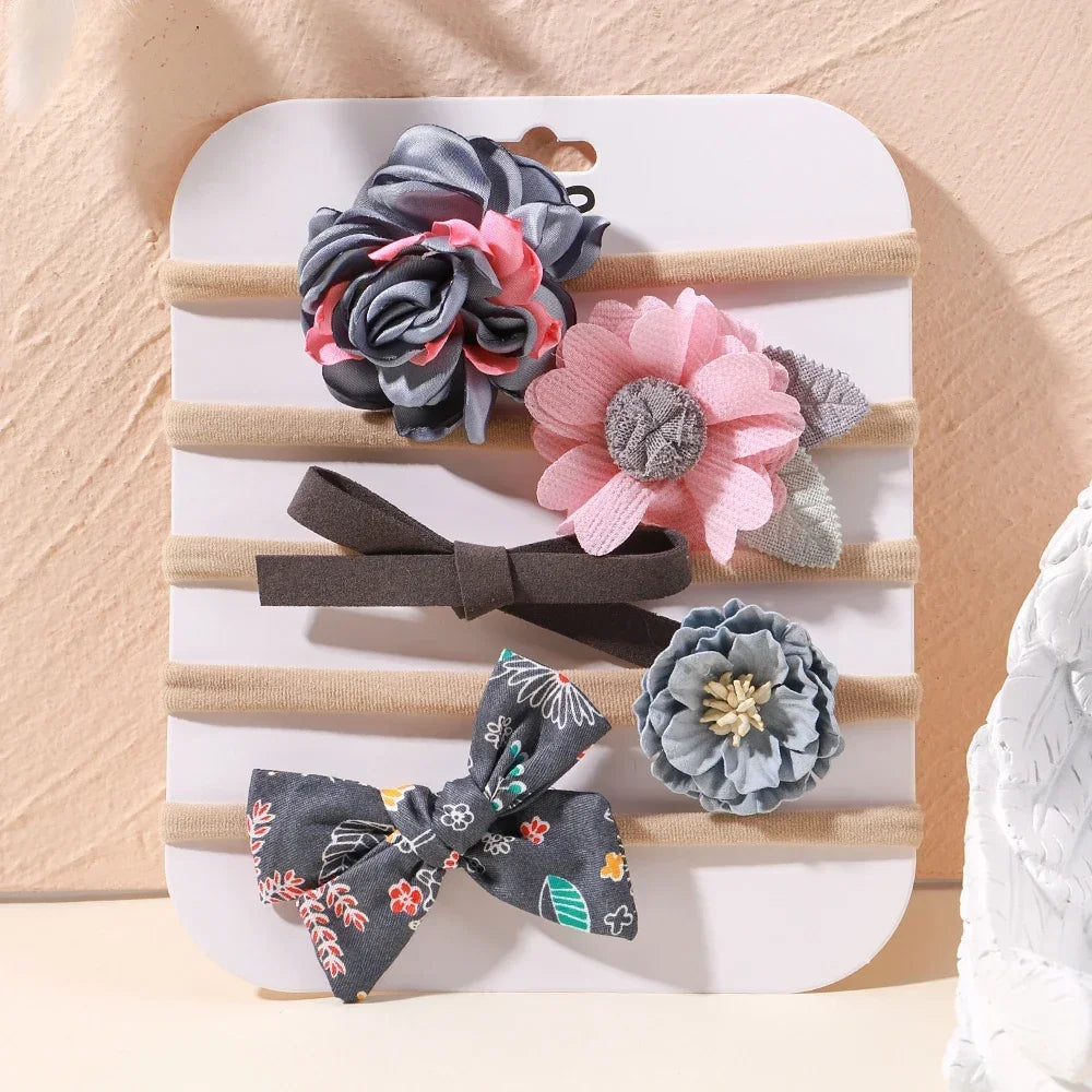 5 unids/lote, diadema elástica de nailon para bebé, banda para la cabeza con lazo de encaje y flores para recién nacido, accesorios suaves para el cabello para niña pequeña