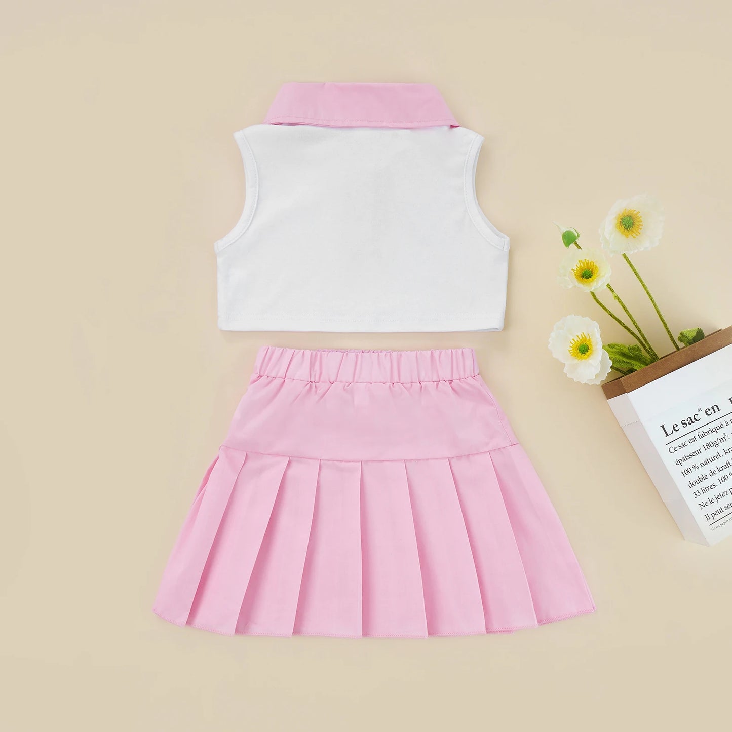 Conjunto de ropa de verano para niñas pequeñas, camiseta sin mangas con botones de solapa de retazos y Falda plisada, 2 a 7 años
