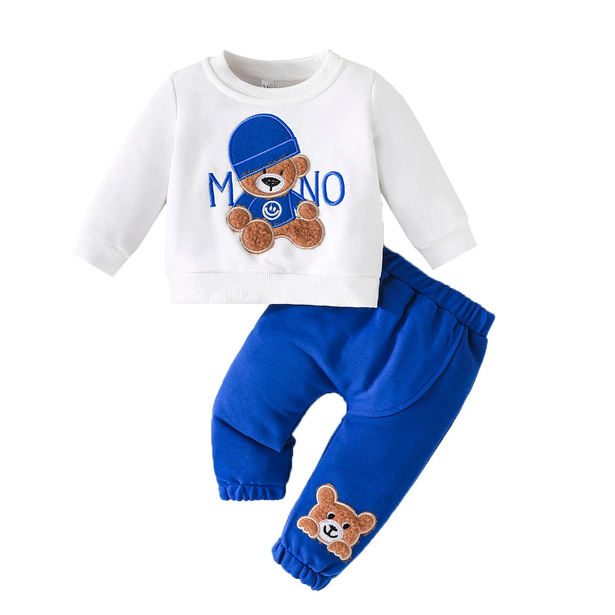 Terno para niño de 3 a 24 meses, camiseta de manga larga con estampado de oso de dibujos animados, pantalones azul marino, conjunto de ropa infantil