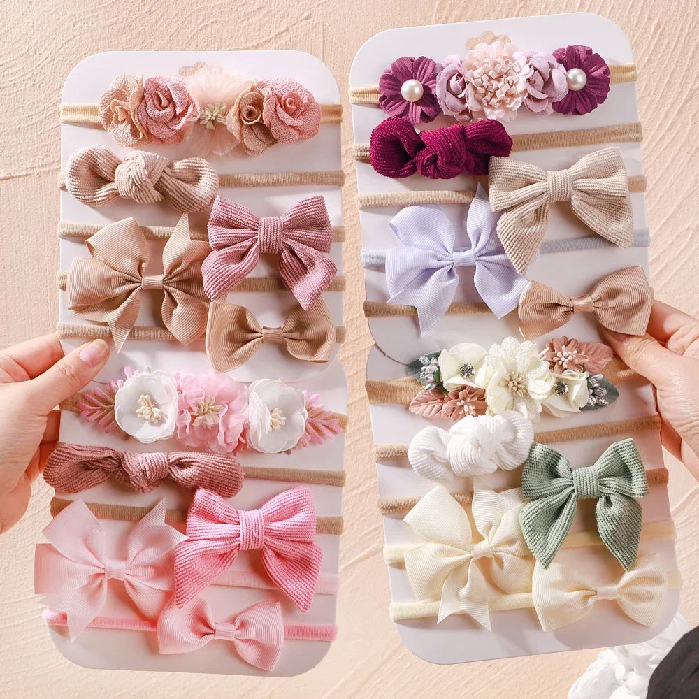 5 unids/lote, diadema elástica de nailon para bebé, banda para la cabeza con lazo de encaje y flores para recién nacido, accesorios suaves para el cabello para niña pequeña