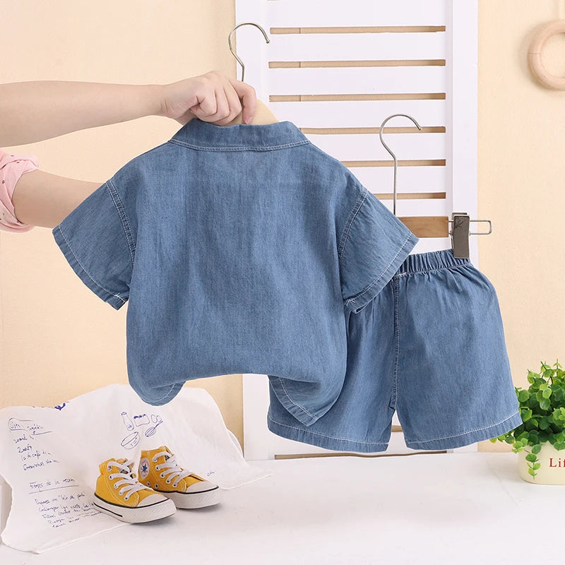 Nuevos conjuntos de ropa vaquera de verano para niños, camiseta Lerrer de dibujos animados a la moda para niños, pantalones cortos, 2 uds., trajes informales para bebés