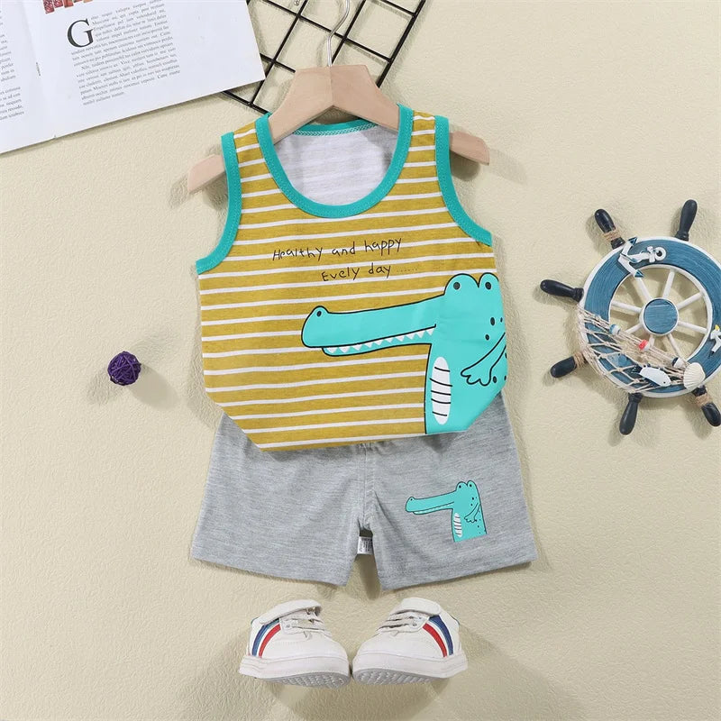 Conjunto de 2 piezas de chaleco y pantalones cortos transpirables de algodón para niños y niñas, chándal de verano con estampado de dibujos animados, ropa informal, traje de 1 a 6 años