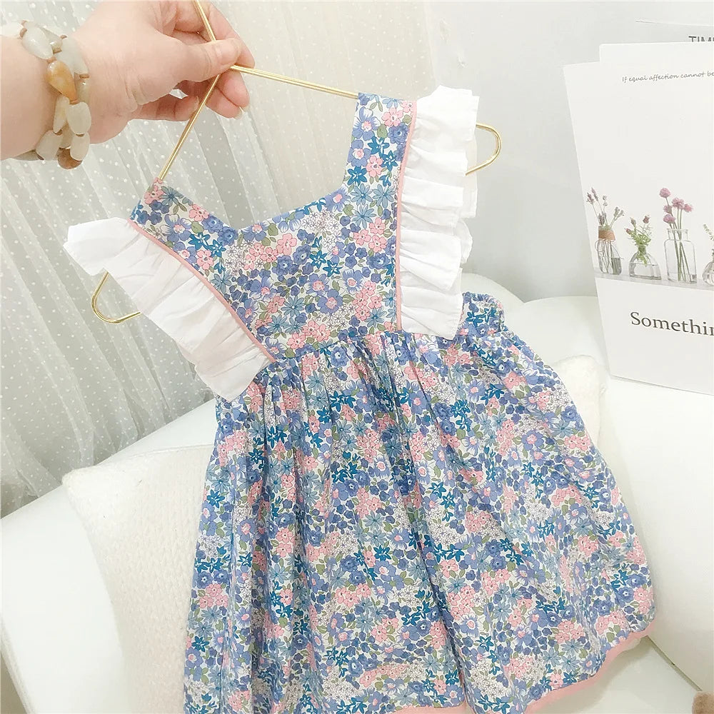 Vestido de flores fragmentadas para niñas, ropa de bebé, lazo de algodón, mangas voladoras pequeñas, vestido de princesa para niños, verano, nuevo