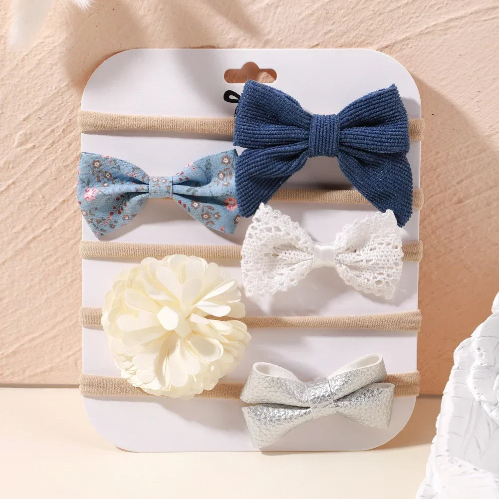5 unids/lote, diadema elástica de nailon para bebé, banda para la cabeza con lazo de encaje y flores para recién nacido, accesorios suaves para el cabello para niña pequeña
