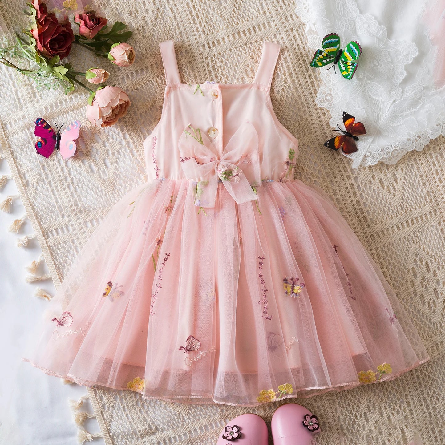Vestido de verano para niñas pequeñas, tutú de malla hinchado, vestido con tirantes y bordado Floral de princesa, ropa de fiesta de cumpleaños para niñas pequeñas