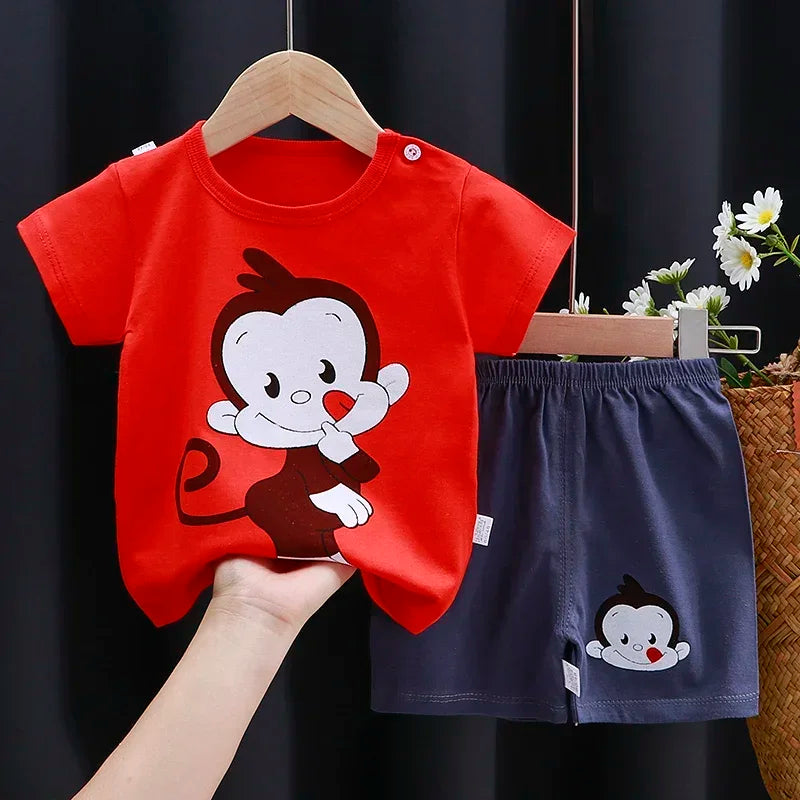 2025 nuevo estilo coreano niños trajes de manga corta de algodón verano niñas niños camisetas conjunto de dos piezas ropa infantil para bebés