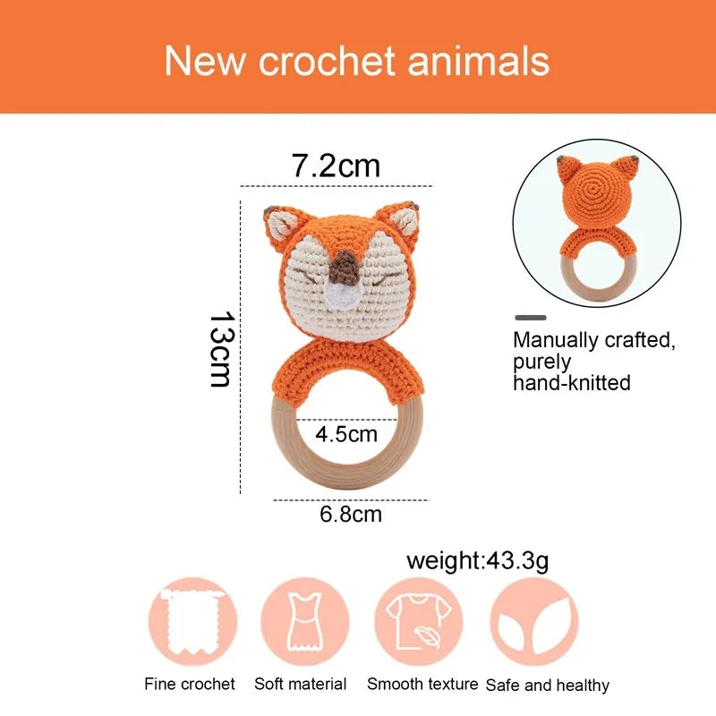 1 unidad de juguetes de sonajero para bebé, diseño de ganchillo de madera, conejo, conejo, zorro León, BearToy, regalo para recién nacido, mordedor de bebé, Crochet, nombre personalizado