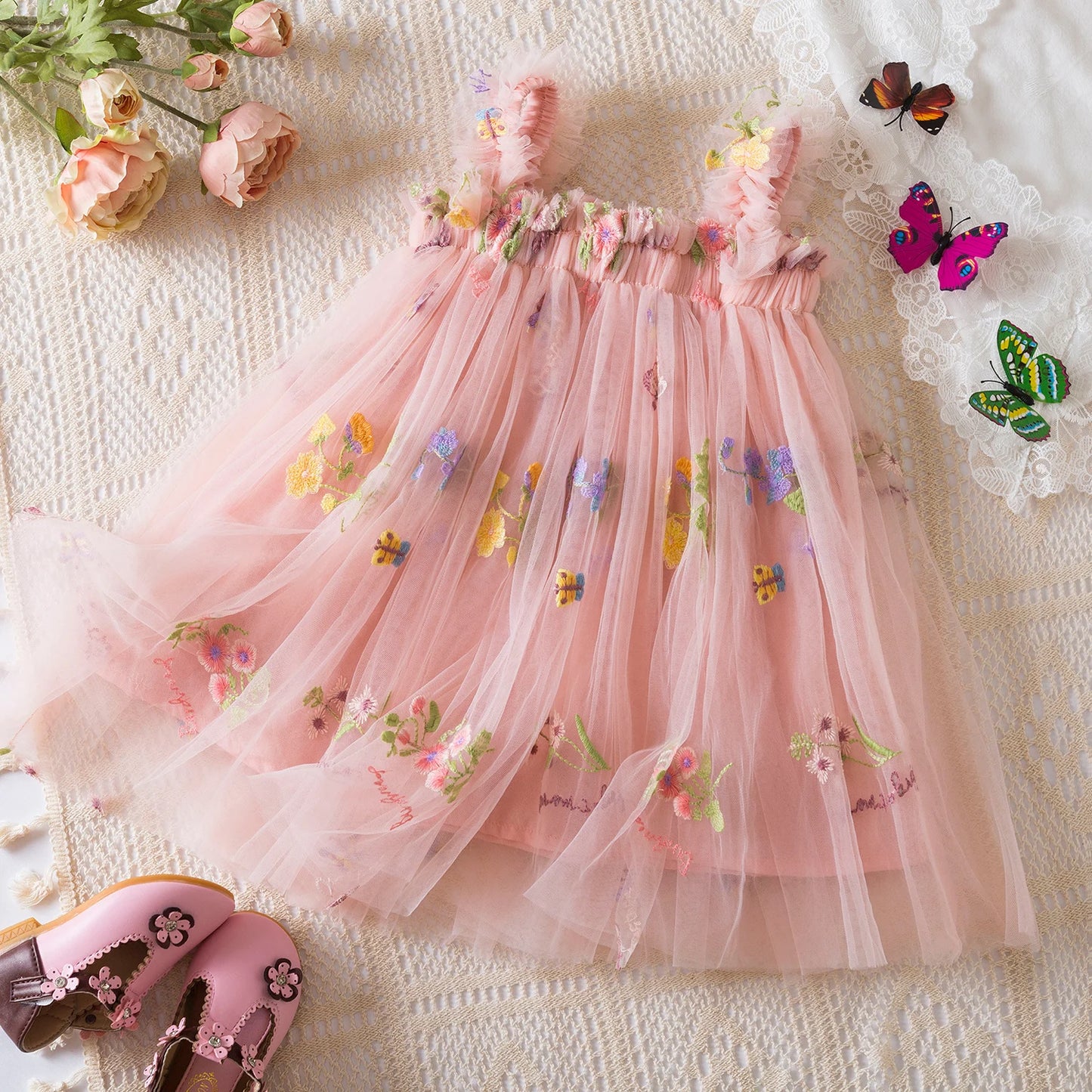 Vestido de verano para niñas pequeñas, tutú de malla hinchado, vestido con tirantes y bordado Floral de princesa, ropa de fiesta de cumpleaños para niñas pequeñas