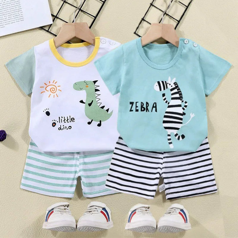 Camisetas de algodón + Pantalones cortos, conjunto de chándal de 2 piezas, traje de verano con estampado de dinosaurio y cebra de dibujos animados para niños y niñas, ropa para bebés de 1 a 6 años