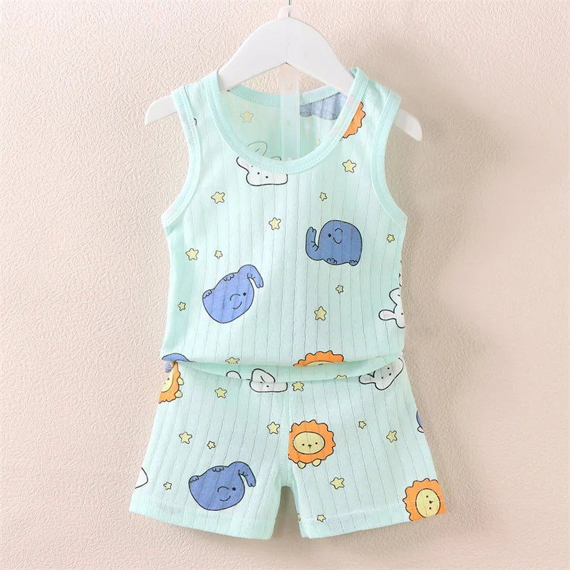 Pijamas de verano para niños, chaleco + Pantalones cortos, conjunto de ropa de 2 piezas, ropa informal de algodón con dibujos de León y jirafa para niños y niñas de 0 a 4 años