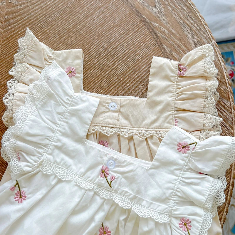 Mono para niñas recién nacidas, monos con bordado de flores de algodón y manga voladora, ropa para niñas pequeñas para verano