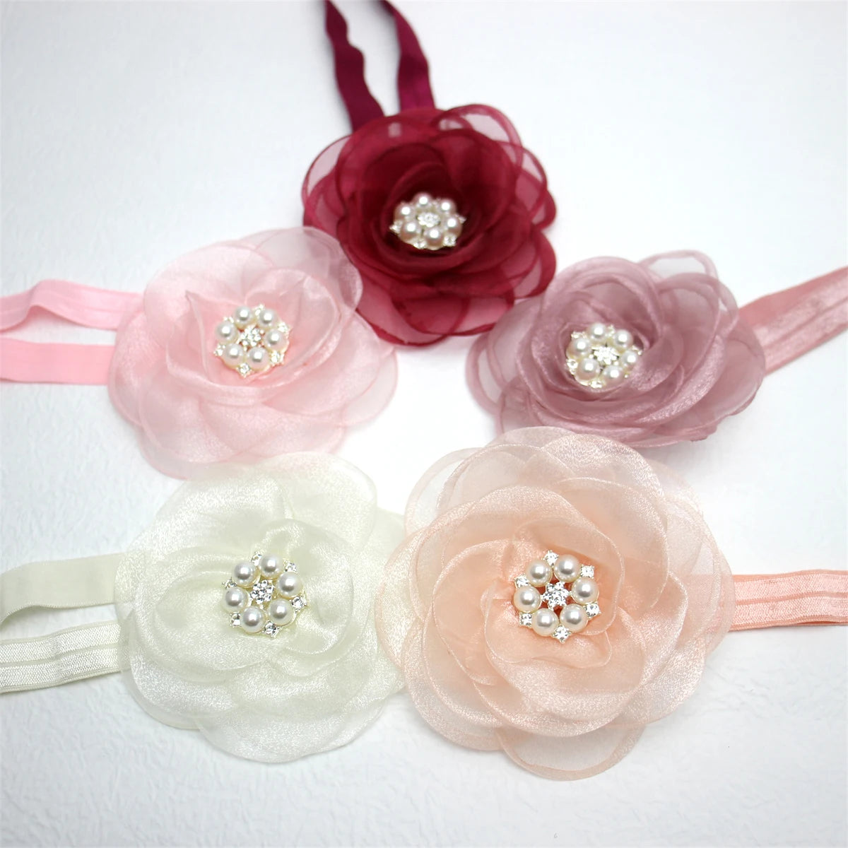 Boutique, diadema de flores de gasa de gran tamaño para niña, accesorios para el cabello, diadema de nailon con perlas de diamante para recién nacido, turbante para bebé bonito