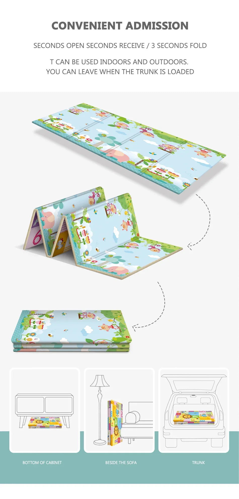 Alfombra de juego para bebés de 97x177cm, alfombra plegable para niños, alfombra para habitación de niños con patrón de doble cara, superficie de actividad educativa fácil de llevar