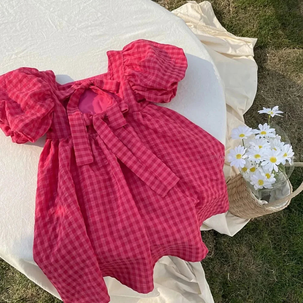 Bear Leader-vestido rosa a cuadros con lazo, elegante vestido Midi de Lolita para niñas grandes, vestidos para niños y adolescentes, vestido veraniego de princesa para fiesta