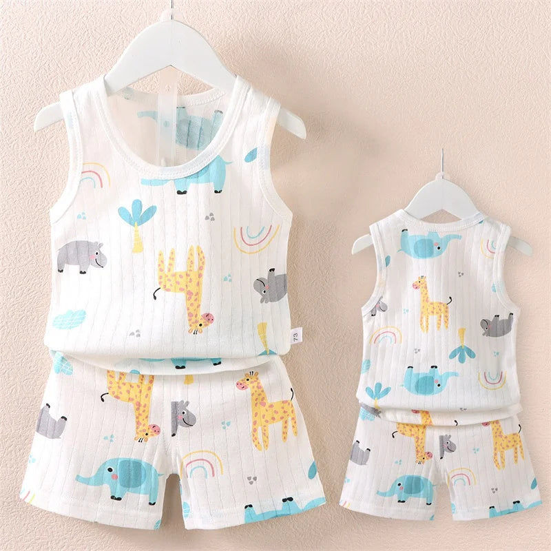 Pijamas de verano para niños, chaleco + Pantalones cortos, conjunto de ropa de 2 piezas, ropa informal de algodón con dibujos de León y jirafa para niños y niñas de 0 a 4 años