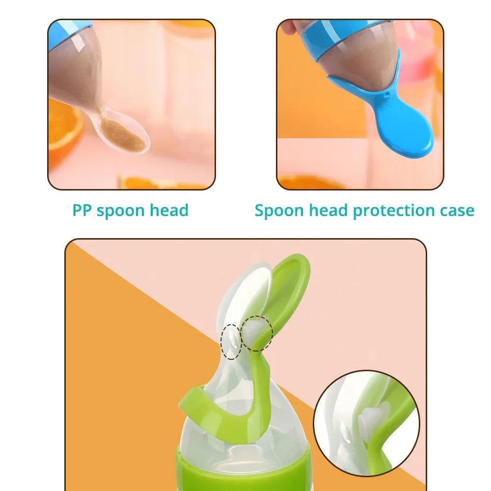 Biberón de silicona útil y seguro con cuchara, suplemento alimenticio, botellas de cereales de arroz, cuchara para apretar, biberón de leche