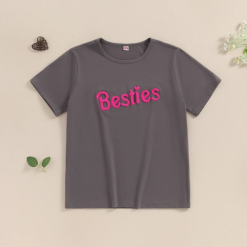 Ropa a juego para madre e hija, camiseta de manga corta con bordado de letras y cuello redondo para verano