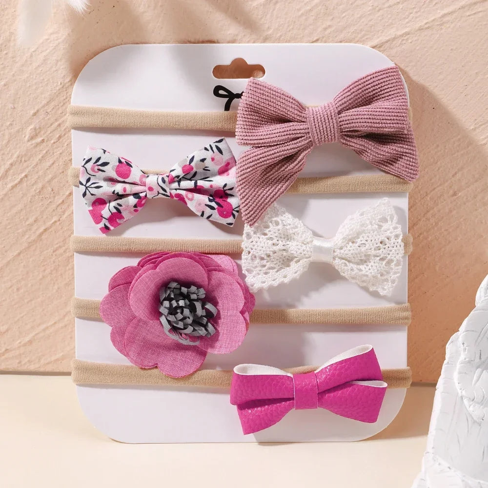 5 unids/lote, diadema elástica de nailon para bebé, banda para la cabeza con lazo de encaje y flores para recién nacido, accesorios suaves para el cabello para niña pequeña