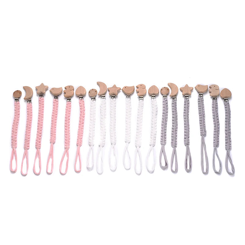 Cadena de chupete de bebé de tela de algodón de ganchillo Simple, Clip de madera de haya con forma de corazón y Luna para bebé hecho a mano, cadena para chupete, juguete para la dentición