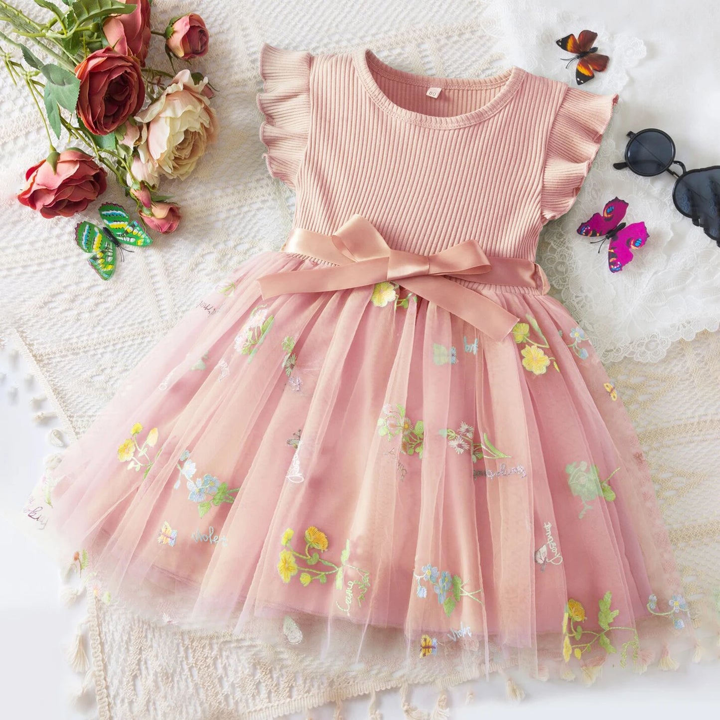 Toddler Baby Girls Summer Dress Puffy Mesh Tutu Princess Floral Embroidery Suspender Dress Baby Girls Birthday Party Clothes
