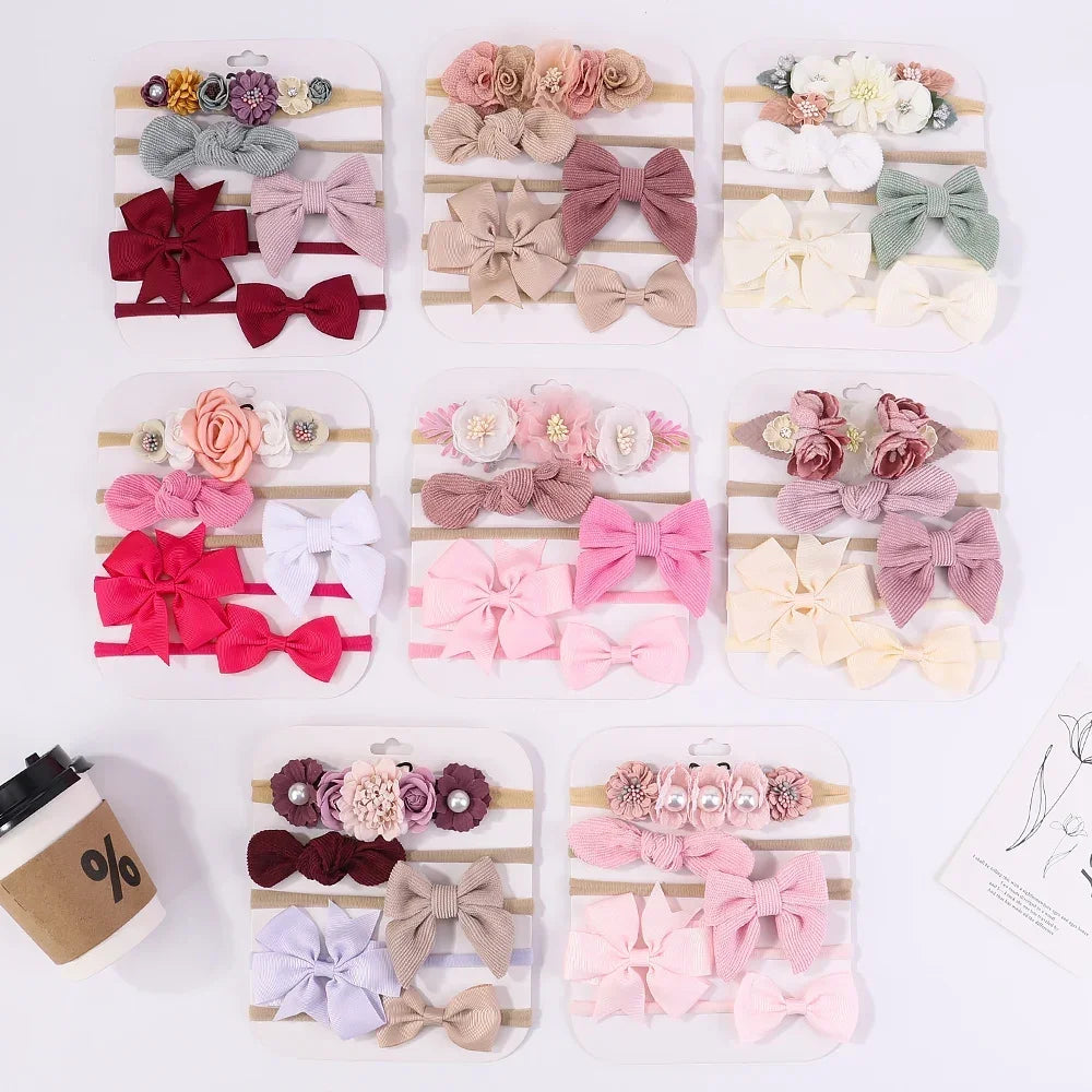 5 unids/lote, diadema elástica de nailon para bebé, banda para la cabeza con lazo de encaje y flores para recién nacido, accesorios suaves para el cabello para niña pequeña